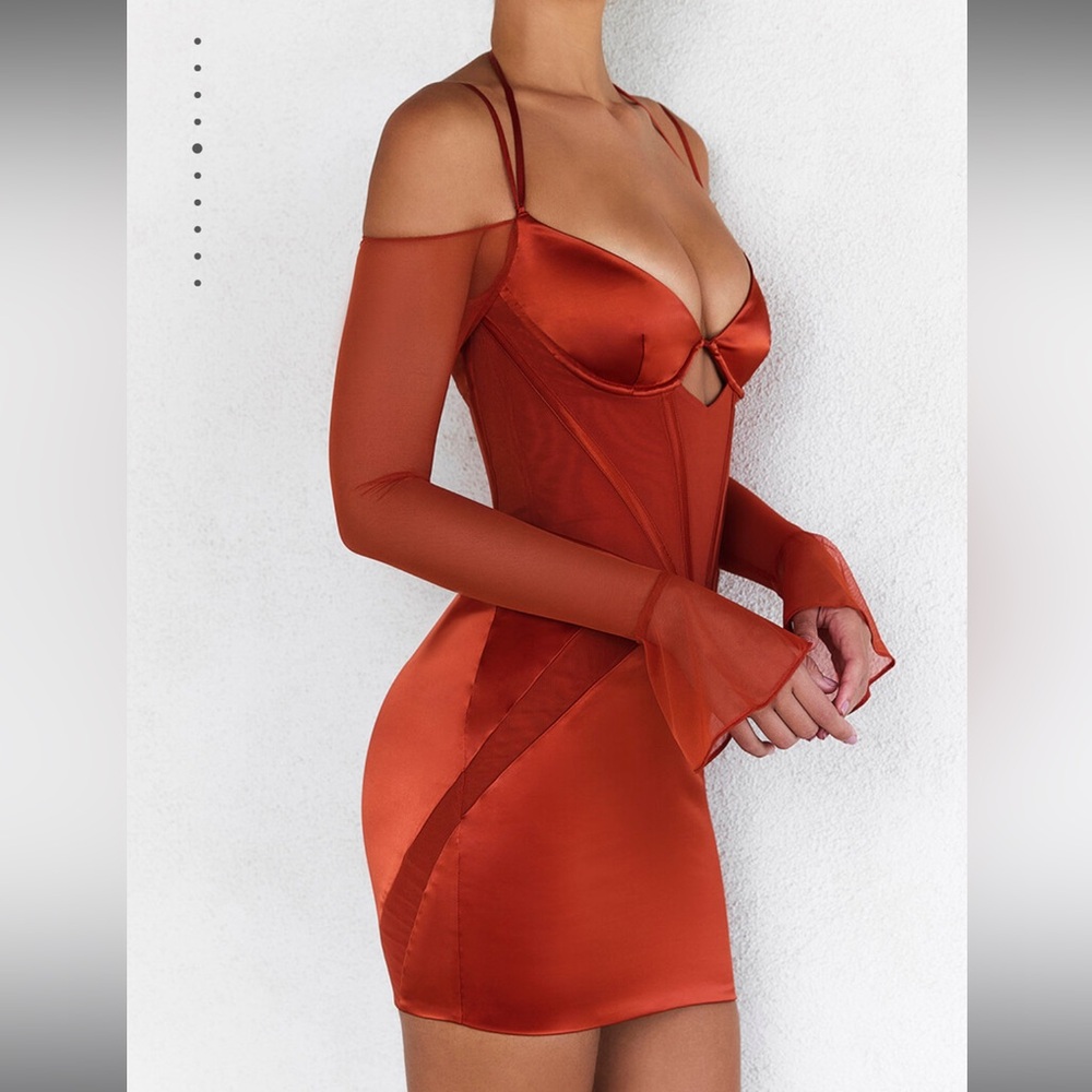 Mistress Rocks Burnt Amber Satin Corset Mini Dress - Picture 2 of 4